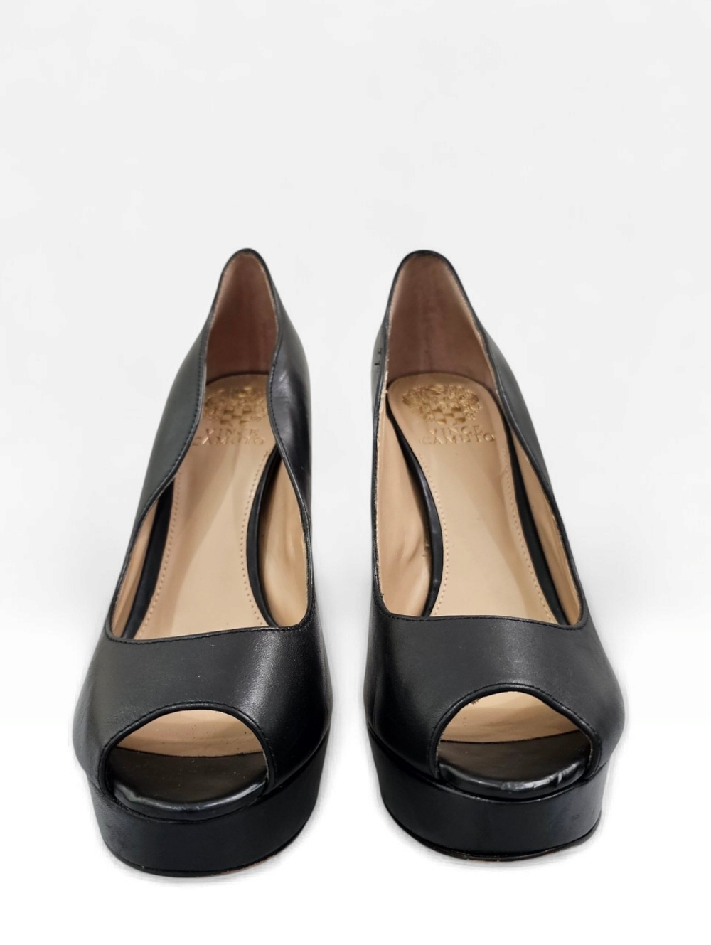 VINCE CAMUTO Lainey Black Leather Platform Peep Toe Stiletto Pumps 8.5M - Picture 4 of 10